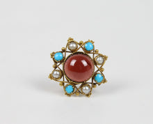 Load image into Gallery viewer, Vintage Tourmaline 14K Yellow Gold Seed Pearls Turquoise Brooch Pin