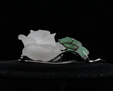 Load image into Gallery viewer, Vintage 14K White Gold Diamond & Jade Carved Rock Crystal Rose Brooch