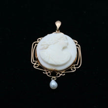 Load image into Gallery viewer, Antique Carved Cameo 14K Yellow Gold Pearl Pendant.