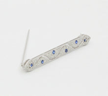 Load image into Gallery viewer, Vintage 18K White Gold Diamond Sapphire Bar Pin