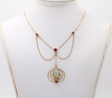 Load image into Gallery viewer, Art Nouveau 14K Yellow Gold Opal & Pink Tourmaline Festoon Necklace, Pendant.