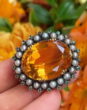 Load image into Gallery viewer, Victorian Madeira Citrine, Pearl Emerald 14K Gold Brooch, Antique Brooch.