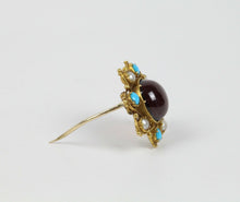 Load image into Gallery viewer, Vintage Tourmaline 14K Yellow Gold Seed Pearls Turquoise Brooch Pin