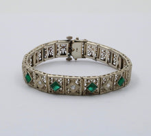 Load image into Gallery viewer, Art Deco Flower Filagree Diamonds Emeralds 14K White Gold Bracelet