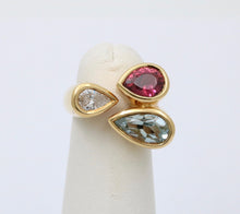 Load image into Gallery viewer, Vintage Geometric Diamond Aquamarine Tourmaline 18K Yellow Gold Ring