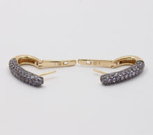 Load image into Gallery viewer, Vintage Pave Tanzanite Hoop 14K Yellow Gold Earrings. Estate Jewelry.