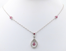 Load image into Gallery viewer, Elegant 18K White Gold Tear Drop Diamond & Ruby Pendant Necklace