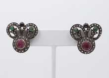 Load image into Gallery viewer, Antique 14K Gold & Silver Diamond, Ruby, Emerald and Sapphire Earrings