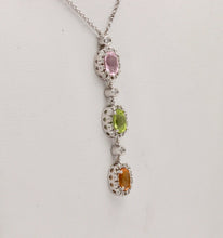 Load image into Gallery viewer, Classic 14K Gold Three Stones Multi Color Stone, Diamond Drop Pendant. Necklace.