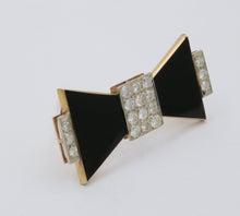 Load image into Gallery viewer, Vintage 14K Yellow Gold Onyx & Diamond Bow Tie Brooch.