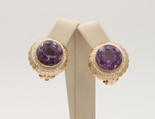 Load image into Gallery viewer, Vintage Round Cut Amethyst Beaded Seed Pearl Halo Button Clip Earrings, Estate.