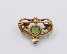 Load image into Gallery viewer, Art Nouveau Peridot 18K Yellow Gold Enamel Brooch Pin