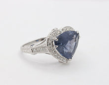 Load image into Gallery viewer, Vintage 18K White Gold Trillion- Cut Sapphire Diamond Halo Ring