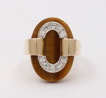 Load image into Gallery viewer, Vintage Tiger Eye 14K Yellow Gold Diamond Ring, Statement Ring