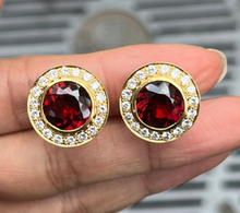 Load image into Gallery viewer, Vintage Rhodolite Garnet & Diamond Halo 18K Yellow Gold Earrings