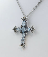 Load image into Gallery viewer, Navajo Synthetic Aquamarine Marcasite Sterling Silver Cross Pendant