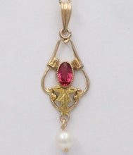 Load image into Gallery viewer, Antique Art Nouveau 10K Yellow Gold Pink Tourmaline & Pearl Charm, Teardrop Pend
