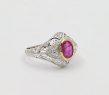Load image into Gallery viewer, Vintage Burma Ruby Filigree Diamond 18K Gold Ring , Engagement Ring.