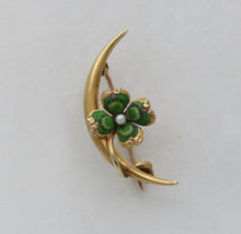 Load image into Gallery viewer, Victorian Crescent Enamel Four Leaf Clover Seed Pearl Brooch Pin