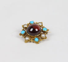 Load image into Gallery viewer, Vintage Tourmaline 14K Yellow Gold Seed Pearls Turquoise Brooch Pin