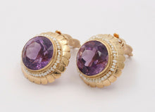 Load image into Gallery viewer, Vintage Round Cut Amethyst Beaded Seed Pearl Halo Button Clip Earrings, Estate.
