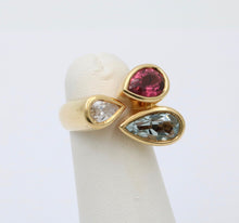 Load image into Gallery viewer, Vintage Geometric Diamond Aquamarine Tourmaline 18K Yellow Gold Ring