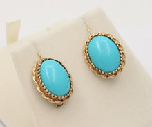 Load image into Gallery viewer, Vintage Turquoise 14K Yellow Gold Frame Dangling Earrings, Estate.