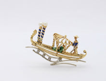 Load image into Gallery viewer, Vintage 18K Yellow Gold Enamel Diamond Boat Brooch