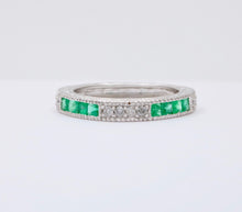 Load image into Gallery viewer, Gorgeous 14K White Gold Emerald & Diamond Half Eternity Ring Band, Wedding Band.