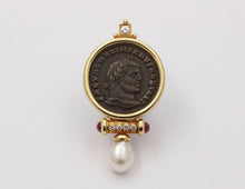 Load image into Gallery viewer, Roman Coin Rubies Diamond Pearl 18K Yellow Gold Brooch Pin