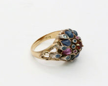 Load image into Gallery viewer, Vintage 18K Gold Sapphire, Garnet, and Ruby Cluster Ring