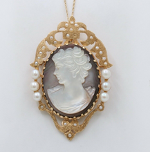 Load image into Gallery viewer, Vintage 14K Yellow Gold Carved Mother Of Pearl Cameo Brooch, Pin.