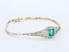 Load image into Gallery viewer, Art Deco Emerald Rose Cut Diamonds 18K Yellow Gold Platinum Bracelet
