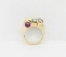 Load image into Gallery viewer, Vintage 14K Yellow Gold Abstract Scroll Blue Topaz & Amethyst Ring