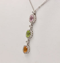 Load image into Gallery viewer, Classic 14K Gold Three Stones Multi Color Stone, Diamond Drop Pendant. Necklace.
