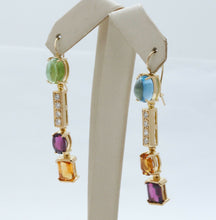Load image into Gallery viewer, Vintage 18K Multi Stone Dangle Earrings Topaz Peridot Amethyst Diamonds Citrine