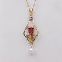 Load image into Gallery viewer, Antique Art Nouveau 10K Yellow Gold Pink Tourmaline & Pearl Charm, Teardrop Pend