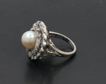 Load image into Gallery viewer, Vintage 14K White Gold Pearl Diamond Floral Ring