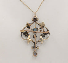 Load image into Gallery viewer, Art Nouveau 10K Yellow Gold Blue Zircon Seed Pearls Pendant Brooch
