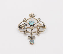 Load image into Gallery viewer, Art Nouveau 10K Yellow Gold Blue Zircon Seed Pearls Pendant Brooch