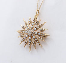 Load image into Gallery viewer, Victorian Edwardian Starburst Diamond Seed Pearls 14K Yellow Gold Pendant Brooch