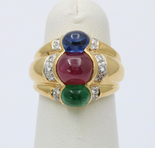 Load image into Gallery viewer, Funky Vintage 18K Yellow Gold Cabochon Ruby, Sapphire & Emerald Ring, Estate Rin