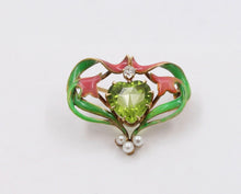 Load image into Gallery viewer, Art Nouveau Peridot 18K Yellow Gold Enamel Brooch Pin