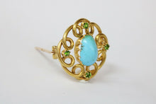 Load image into Gallery viewer, Victorian Russian Turquoise Demantoid Garnet 18K Yellow Gold Brooch Pin