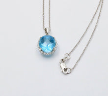 Load image into Gallery viewer, Classic 14K White Gold blue Topaz Diamond Halo Pendant Necklace.