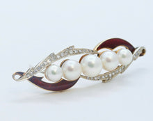 Load image into Gallery viewer, Unique Art Deco Diamonds Pearls Red Enamel 18K Yellow Gold Brooch Pin