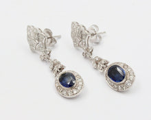 Load image into Gallery viewer, Vintage 18K White Gold Hanging Sapphire Diamond Earrings