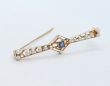 Load image into Gallery viewer, Art Deco 14K Yellow Gold Blue Sapphire Pearls Brooch Pin
