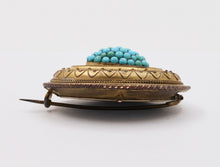 Load image into Gallery viewer, Victorian Etruscan Revival Turquoise 10K Yellow Gold Brooch Pendant Momento