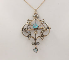 Load image into Gallery viewer, Art Nouveau 10K Yellow Gold Blue Zircon Seed Pearls Pendant Brooch